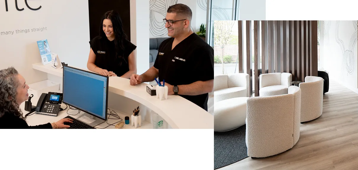 Dr. Lawen and Dental Assistant speaking at reception at the Mumford Road Dental Clinic location- collage