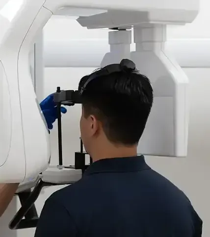 Patient receiving 3D panoramic dental x-ray at the Mumford Rd Clinic