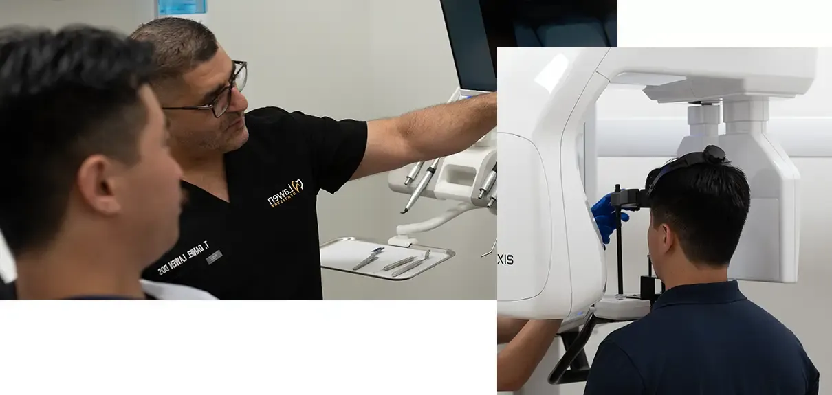 Collage of the dental 3D panoramic xray experience showing patient receiving the scan and then reviewing it with Dr. Lawen