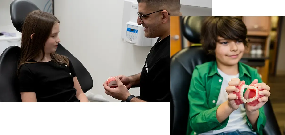 Collage of Dr. Lawen talking about dentistry with young kids