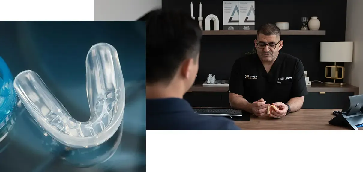 Collage of mouthguard and Dr Daniel Lawen discussing treatment options in the Mumford Road Clinic
