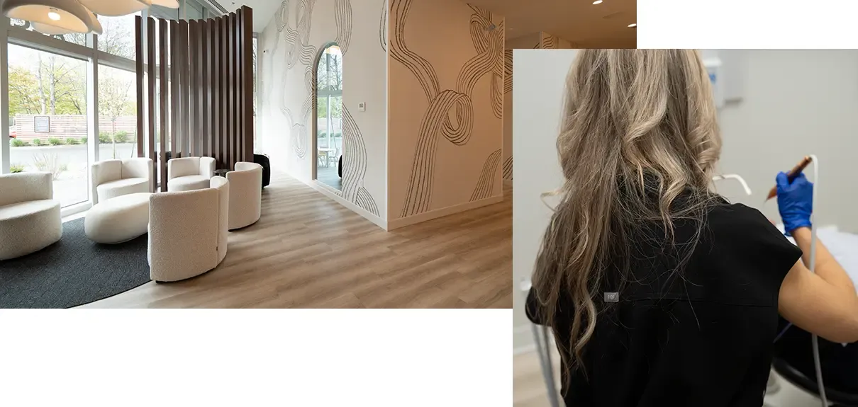 Collage of Dental assistant preparing Cavitron ultrasonic scaling treatment and a photo of the Mumford Road Reception Area