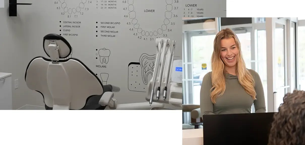 Collage with picture of the hygiene room with tooth chart painted on the wall and of hygiene patient being greeted at reception