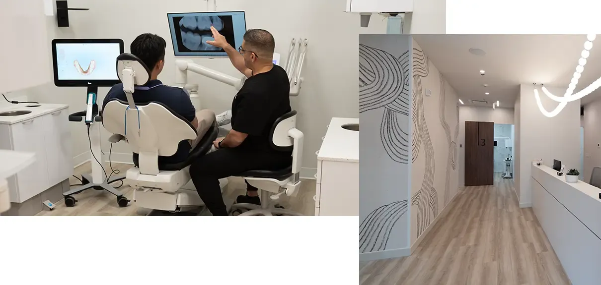 Collage of Dr. Daniel Lawen talking about a dental xray and of the Mumford Road Dental Clinichallway