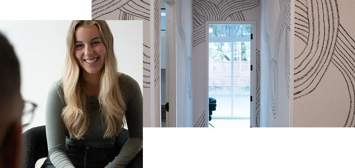 Photo collage showing patient smiling while taking about treatment options and the calming decor at the Mumford Road Dental Clinic
