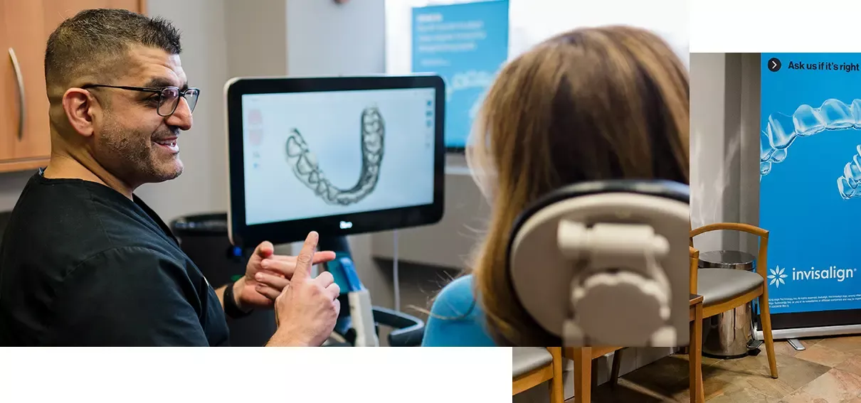 Collage of Spring Garden Dental Office showing Dr Lawen talking to a patient and the reception area.