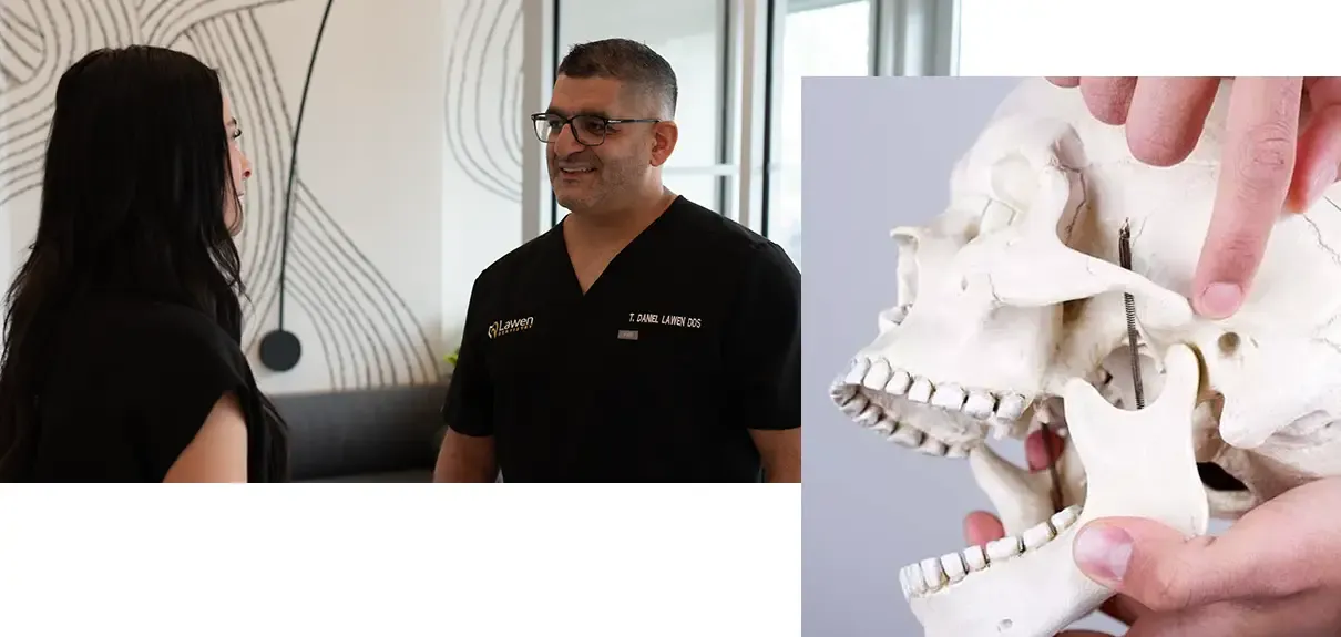 Photo Collage of Dr Lawen talking to a patient and a close up of someone pointing to the temporomandibular joints of a dental model